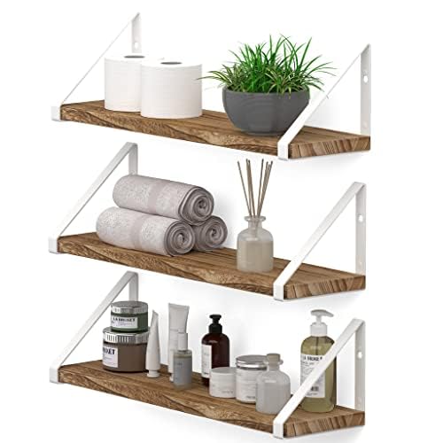 24 Inch Set 2 Wooden Wall Shelf | Floating Pine Wood Rack with Polished Finish White Metal