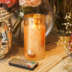 Amber Glass LED Pillar | Real Wax | Remote | Flickering Wick | 6