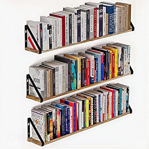 46 Inch Set 3 Wooden Wall Shelf | Floating Pine Wood Rack with Polished Finish Black Metal