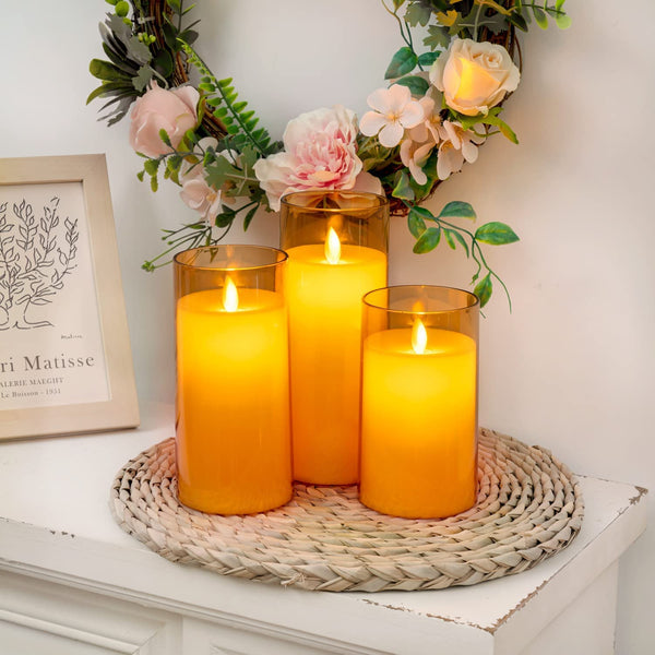 3pc Golden Acrylic LED Candle | Battery, Remote & Timer | Flameless Decor