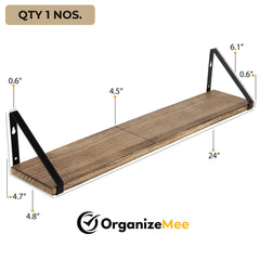 Wooden Pie With Black Bracket Floating Shelf | Decorative Shelves for Living Room | 24 Inch Long - OrganizeMee