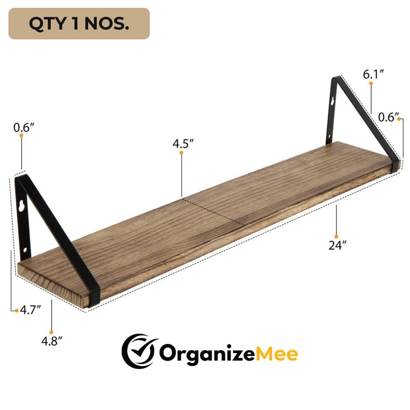 Wooden Pie With Black Bracket Floating Shelf | Decorative Shelves for Living Room | 24 Inch Long - OrganizeMee