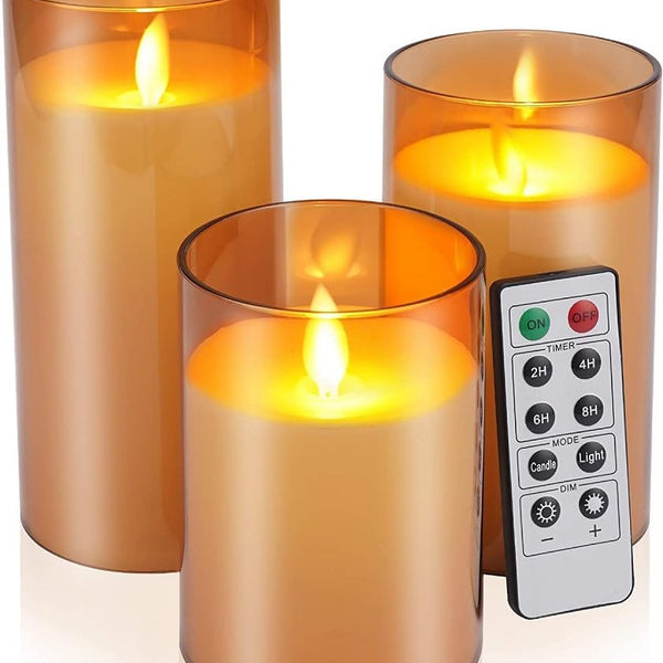 3pc Golden Acrylic LED Candle | Battery, Remote & Timer | Flameless Decor