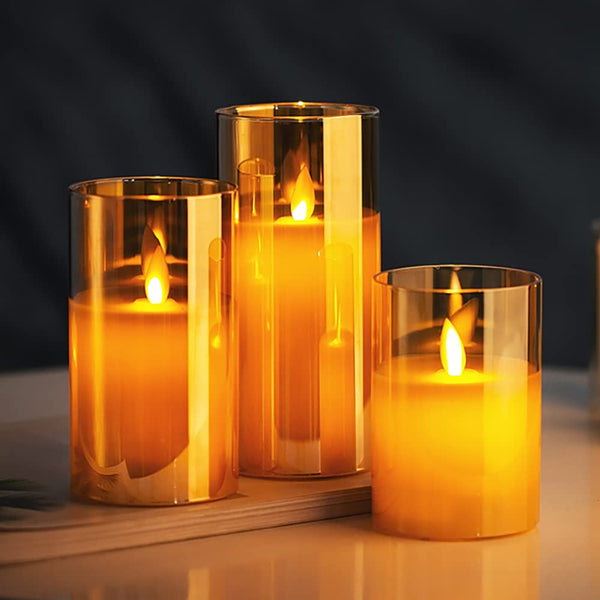 3pc Amber Gold Glass Wax LED Candle | Remote | Faux Wick