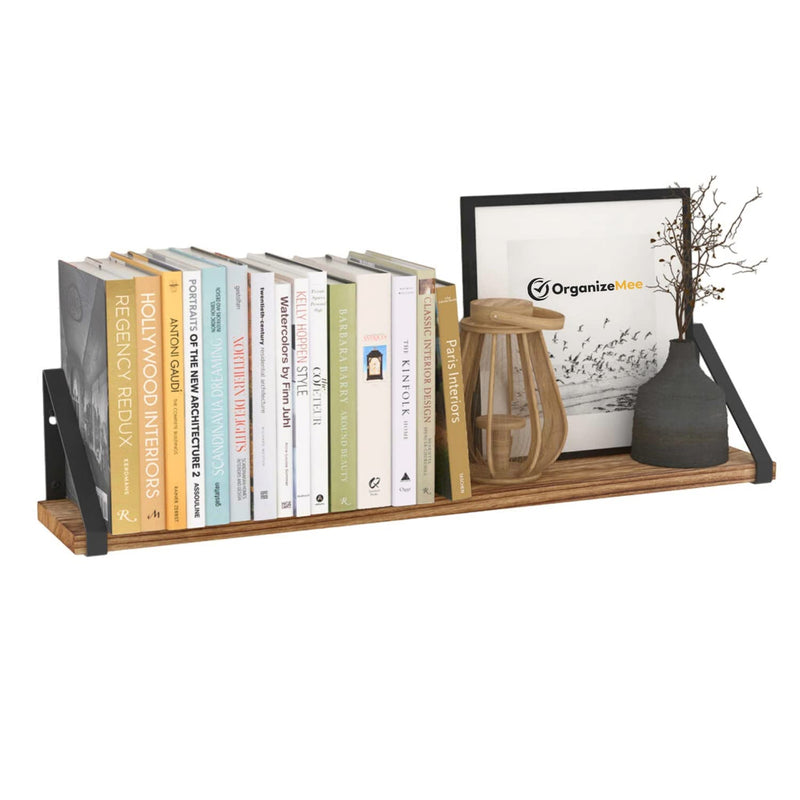 Wooden Pie With Black Bracket Floating Shelf | Decorative Shelves for Living Room | 24 Inch Long - OrganizeMee