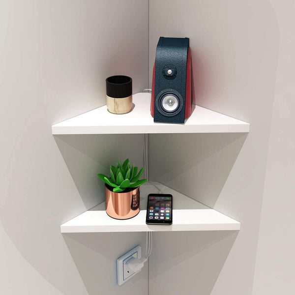 Triangular Floating White Metal Wall Corner Shelf For Security Cameras, Speaker, Webcam - OrganizeMee