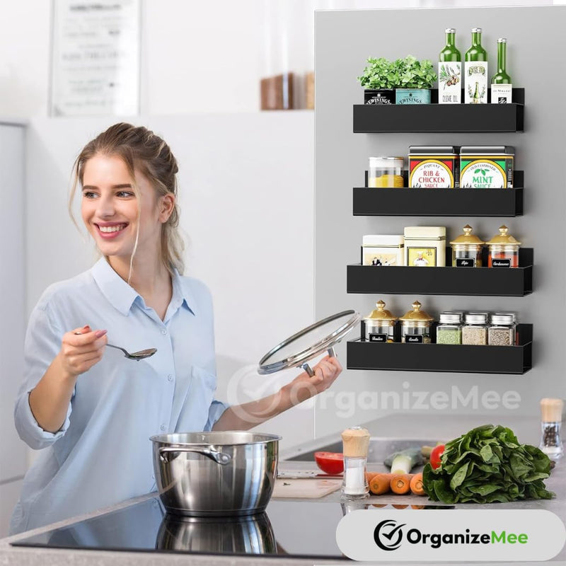 Magnetic Spice Rack & Kitchen Organizer (27.8 x 11 cm) - Maximize Space, Declutter Counters | Fridge, Washing Machine Storage | Magnetic Shelf Organizer for Spices, Utensils [Black Qty:1]