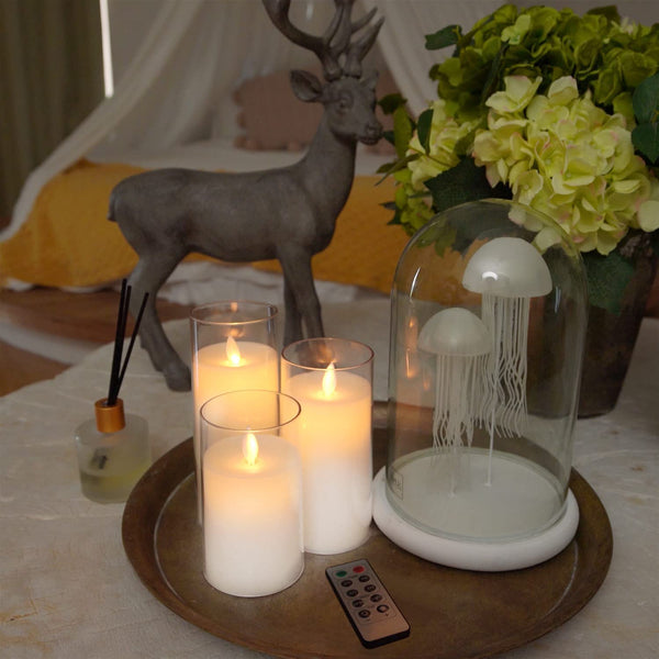 3pc White Acrylic LED Candle | Battery, Remote & Timer | Flameless Set