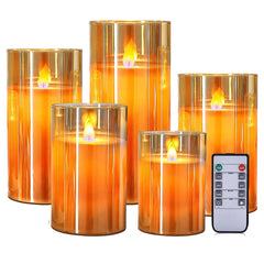 Set of 5 Amber Glass Wax LED Pillar | Remote | Faux Wick | Gift