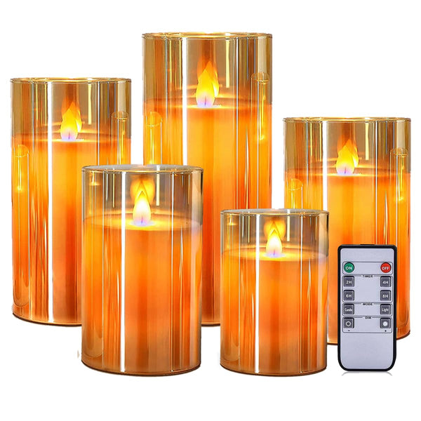 Set of 5 Amber Glass Wax LED Pillar | Remote | Faux Wick | Gift