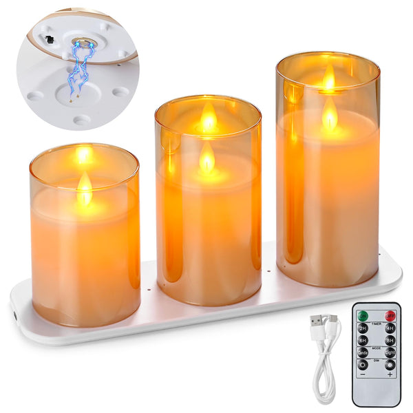 3pc Rechargeable Amber Glass LED Candle | Remote & USB Charging