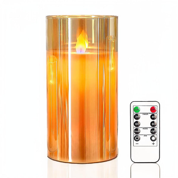 Amber Glass LED Pillar | Real Wax | Remote | Flickering Wick | 6"