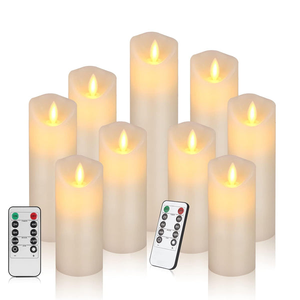 Set of 9 Ivory LED Pillar Candles | Battery & Remote | Waterproof, Flickering Wick