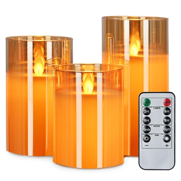 3pc Amber Gold Glass Wax LED Candle | Remote | Faux Wick