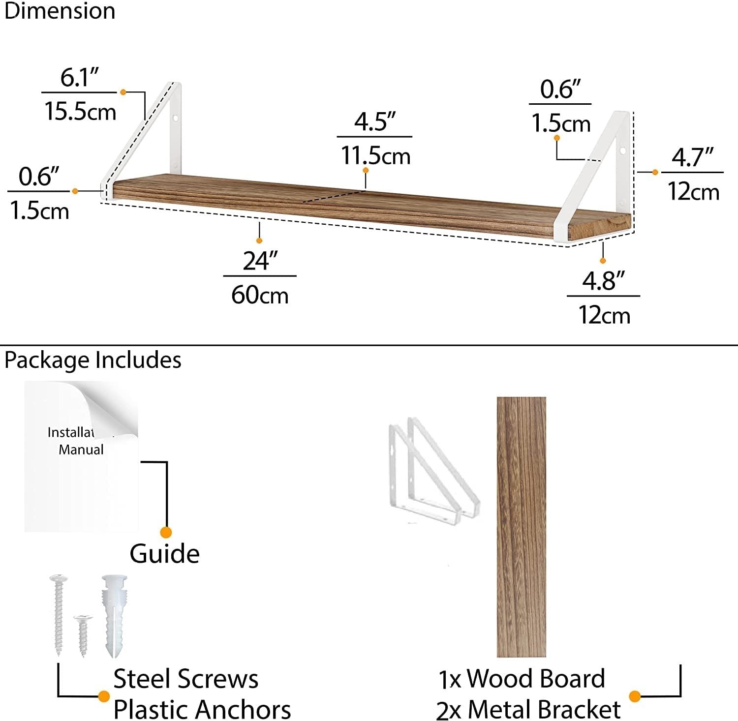 Wooden Pie With White Bracket Floating Shelf | Decorative Shelves for Living Room | 24 Inch Long - OrganizeMee