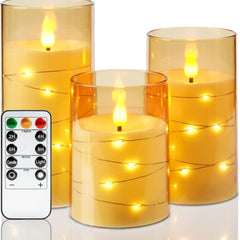 3pc Gold Acrylic LED Candle with String Lights | Remote | Gift & Wedding