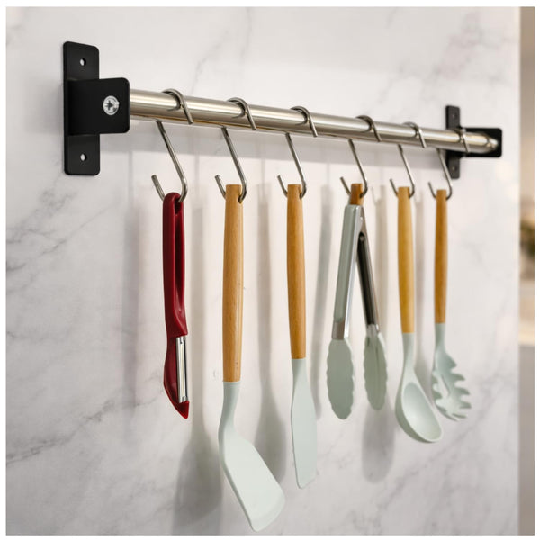 Kitchen Organizer Rack Railing Rod with 5 S Hooks - 304 Stainless Steel Wall Mounted - 20 Inch