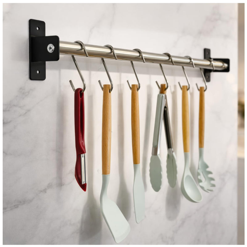 Kitchen Organizer Rack Railing Rod with 5 S Hooks - 304 Stainless Steel Wall Mounted - 20 Inch