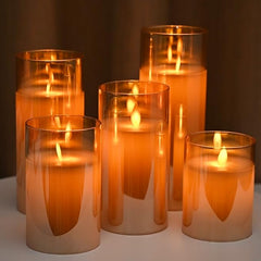Set of 5 Amber Glass Wax LED Pillar | Remote | Faux Wick | Gift