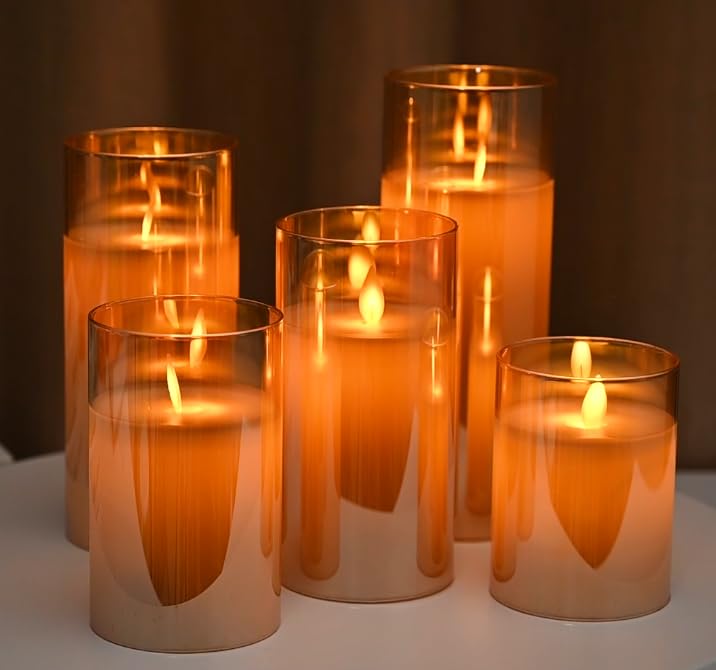 Set of 5 Amber Glass Wax LED Pillar | Remote | Faux Wick | Gift