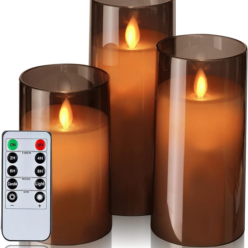 3pc Grey Acrylic LED Candles | Battery & Remote | Flameless Pillar