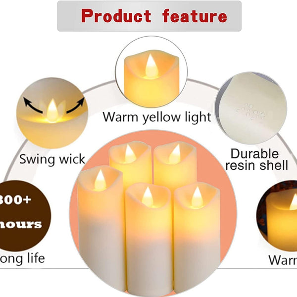 Set of 9 Ivory LED Pillar Candles | Battery & Remote | Waterproof, Flickering Wick