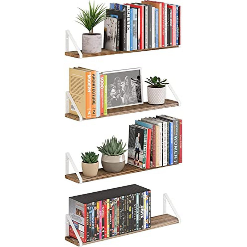 36 Inch Set 1 Wooden Wall Shelf | Floating Pine Wood Rack with Polished Finish White Metal
