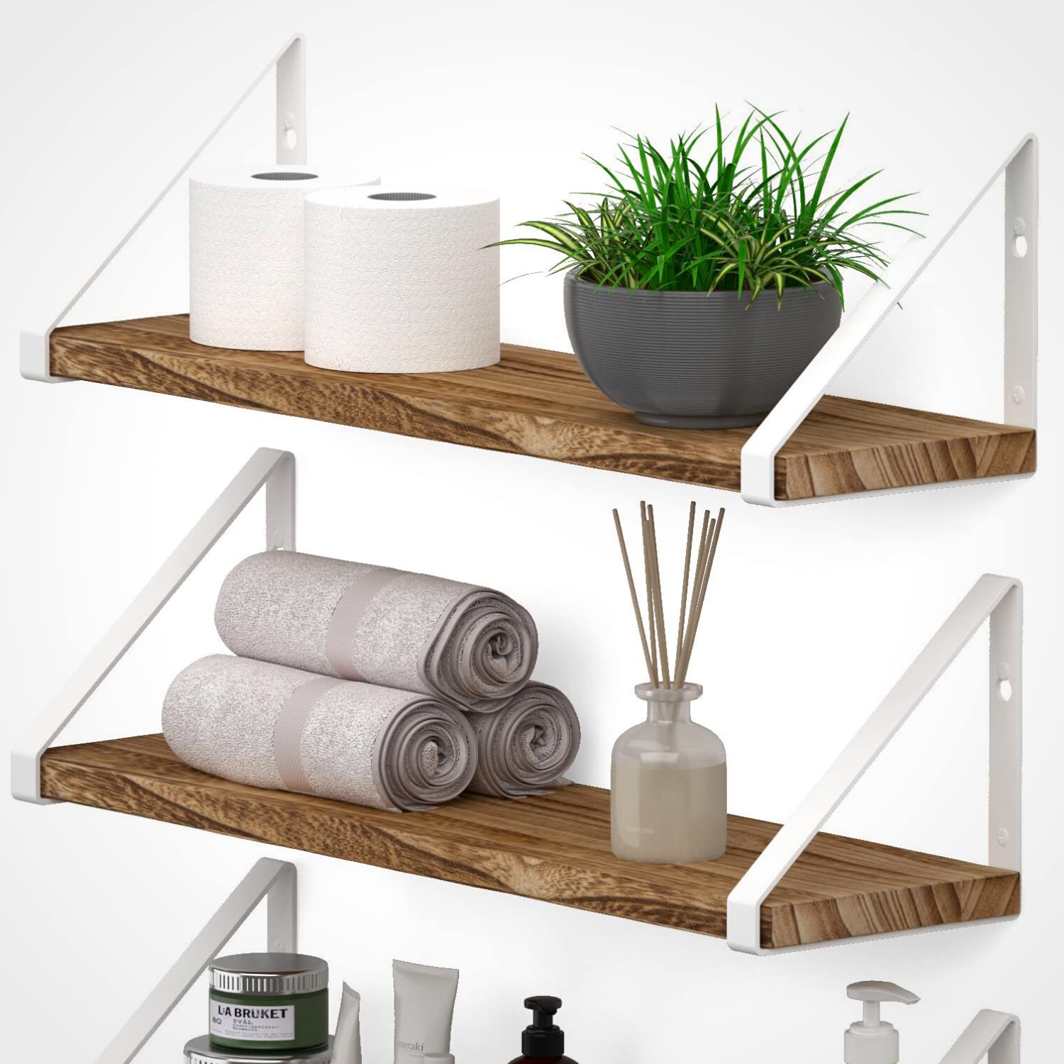 Wooden Pie With White Bracket Floating Shelf | Decorative Shelves for Living Room | 48 Inch Long - OrganizeMee