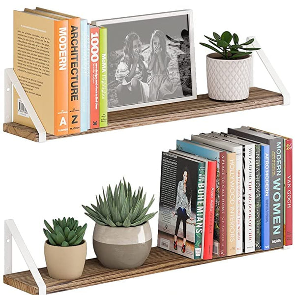 Wooden Pie With White Bracket Floating Shelf | Decorative Shelves for Living Room | 24 Inch Long - OrganizeMee