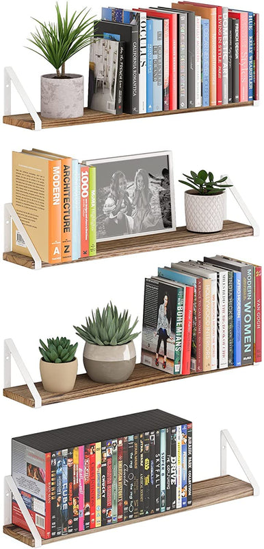 Wooden Pie With White Bracket Floating Shelf | Decorative Shelves for Living Room | 48 Inch Long - OrganizeMee