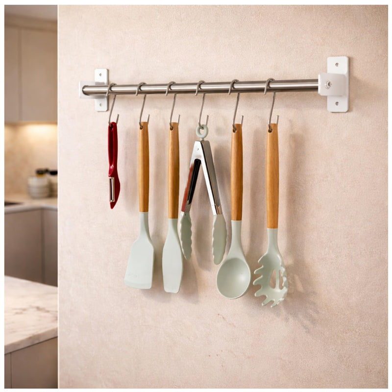 Kitchen Organizer Rack Railing Rod with 5 S Hooks - 304 Stainless Steel Wall Mounted - 20 Inch