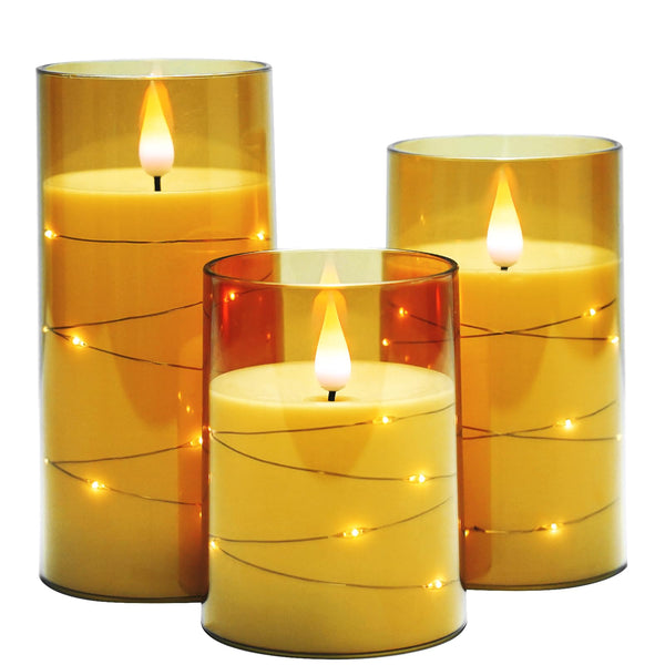 3pc Gold Acrylic LED Candle with String Lights | Remote | Gift & Wedding