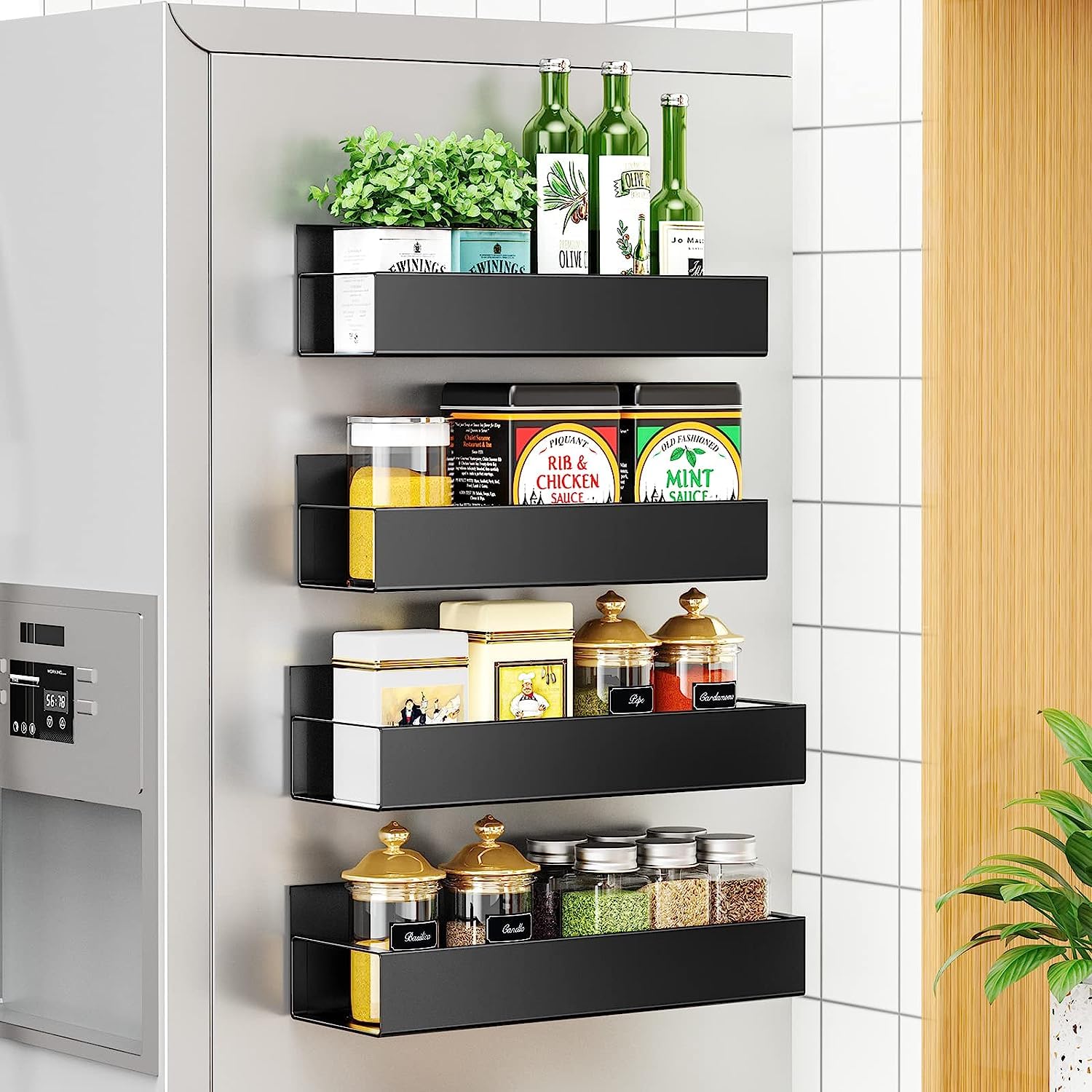 Magnetic Spice Rack & Kitchen Organizer (27.8 x 11 cm) - Maximize Space, Declutter Counters | Fridge, Washing Machine Storage | Magnetic Shelf Organizer for Spices, Utensils [Black Qty:1]