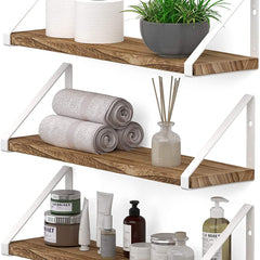 16 Inch Set 1 Wooden Wall Shelf | Floating Pine Wood Rack with Polished Finish White Metal