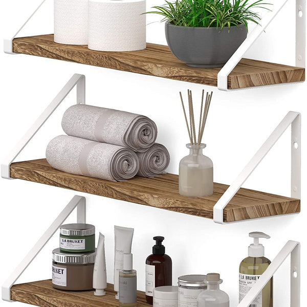 16 Inch Set 1 Wooden Wall Shelf | Floating Pine Wood Rack with Polished Finish White Metal