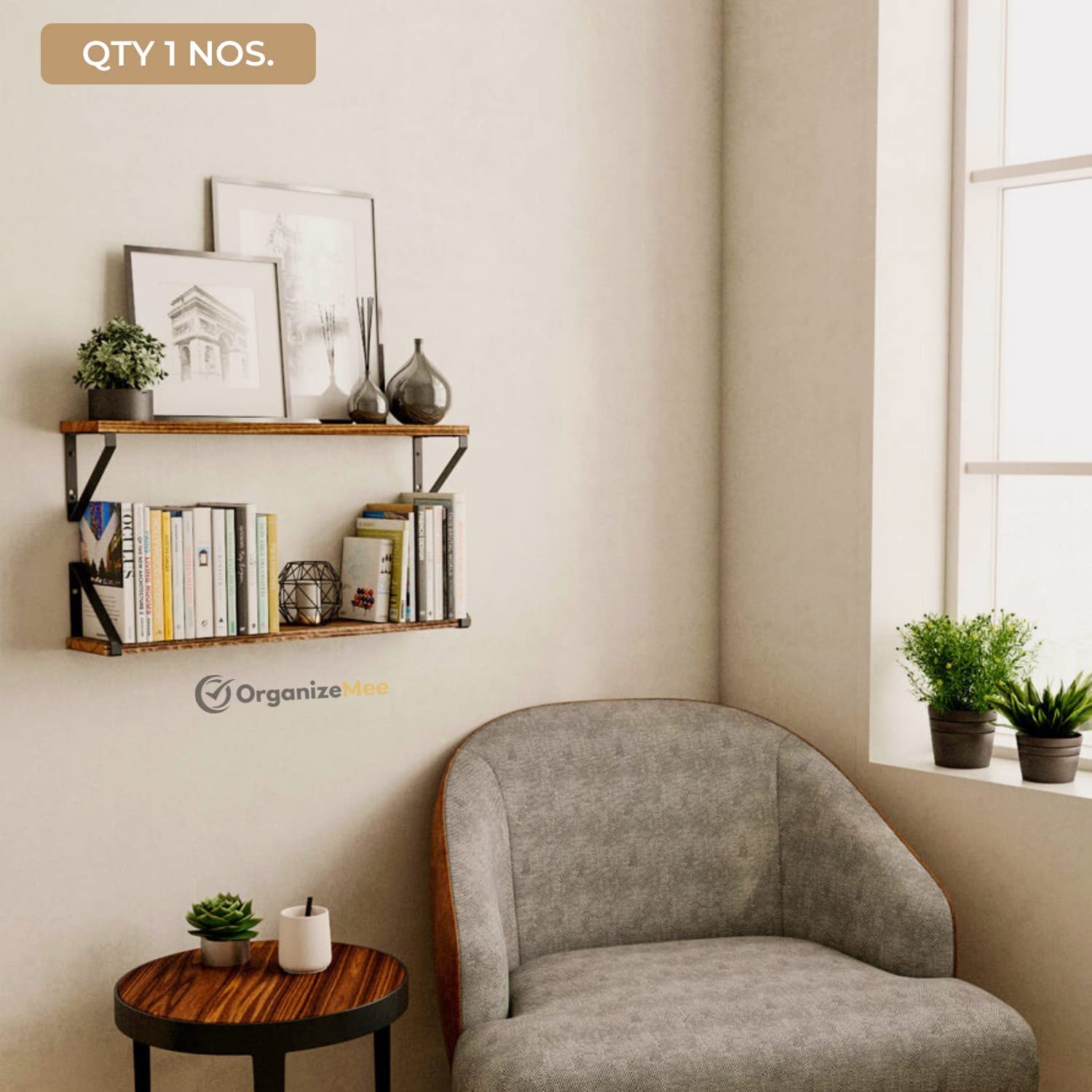 Wooden Pie With Black Bracket Floating Shelf | Decorative Shelves for Living Room | 48 Inch Long - OrganizeMee