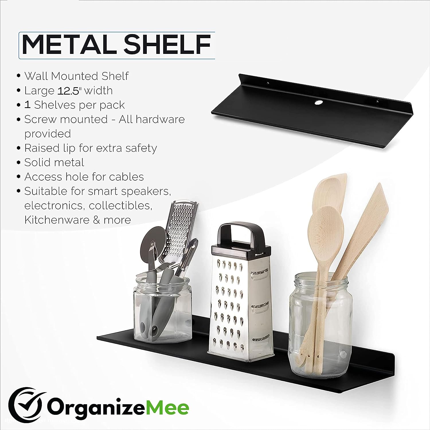 12" Floating Black Metal Shelf For Security Cameras, Speaker, Webcam - OrganizeMee