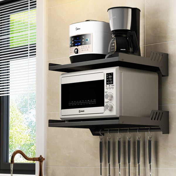 Double Stage Carbon Steel Microwave Wall Shelf Stand Organizer with Accessories - OrganizeMee