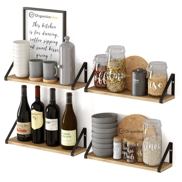 16 Inch Set 2 Wooden Wall Shelf | Floating Pine Wood Rack with Polished Finish Black Metal
