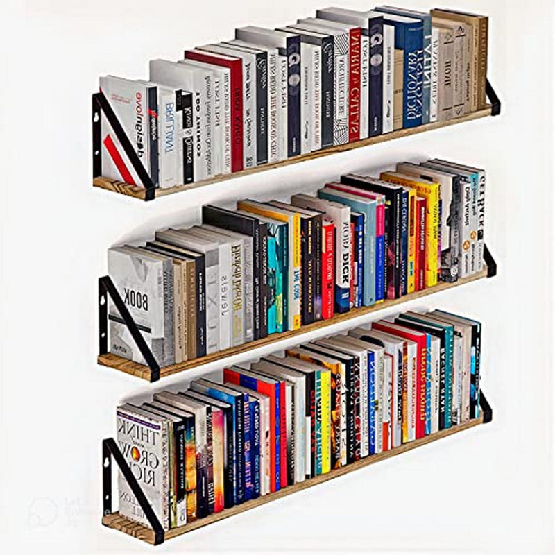 48 Inch Black Set 1 Wooden Wall Shelf | Floating Pine Wood Rack with Polished Finish Black Metal