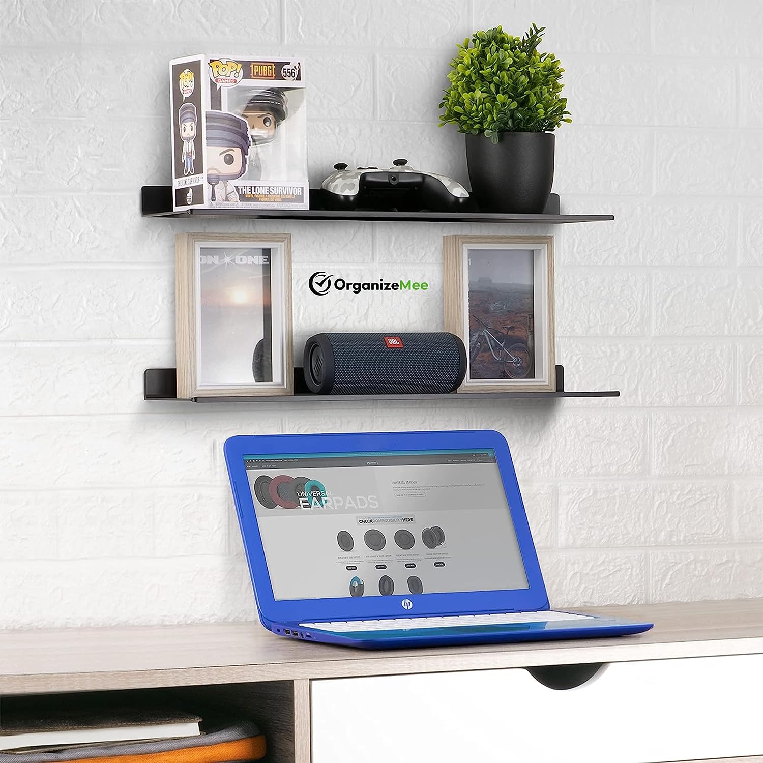 12" Floating Black Metal Shelf For Security Cameras, Speaker, Webcam - OrganizeMee