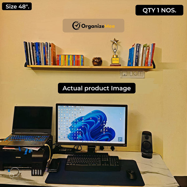 Wooden Pie With White Bracket Floating Shelf | Decorative Shelves for Living Room | 48 Inch Long - OrganizeMee