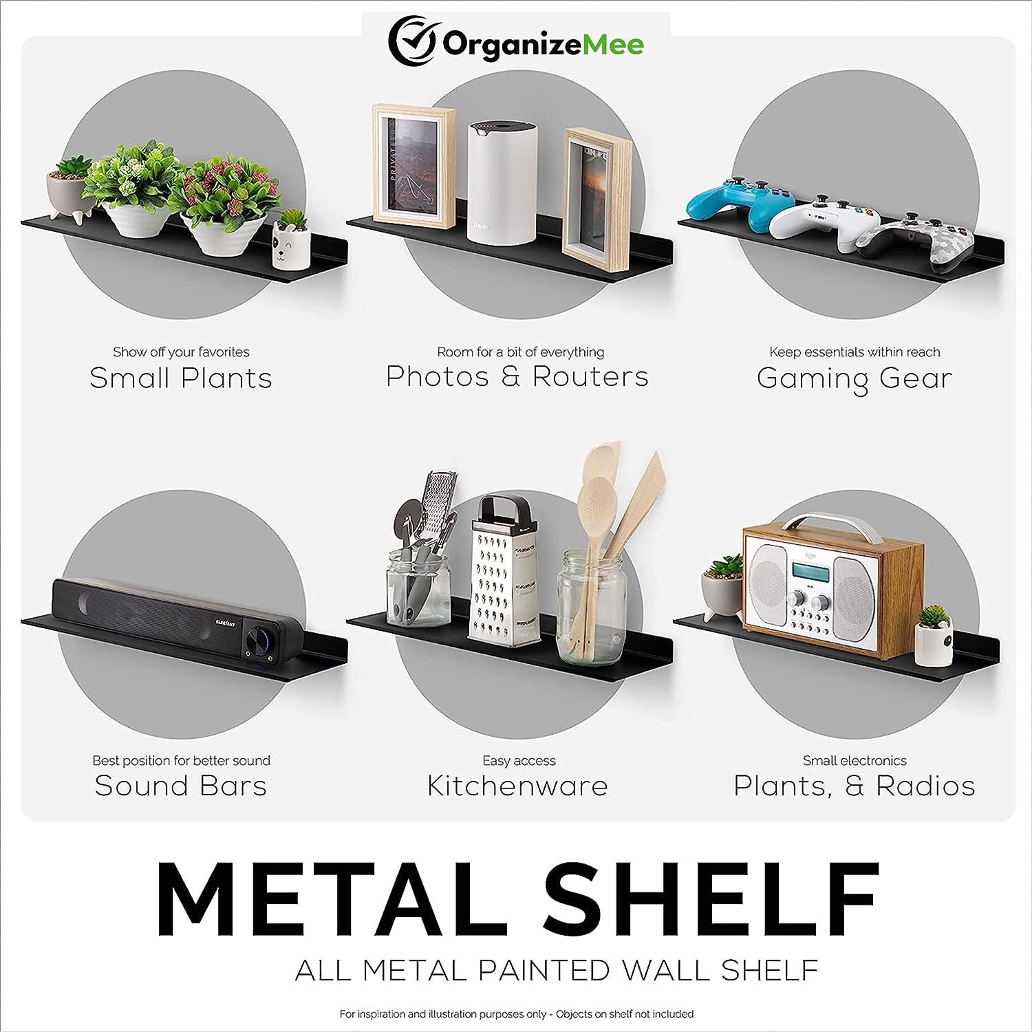 12" Floating Black Metal Shelf For Security Cameras, Speaker, Webcam - OrganizeMee